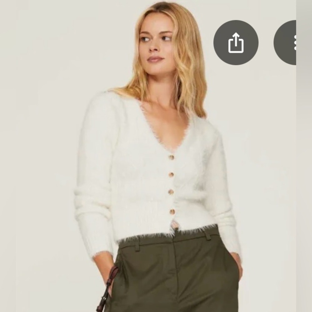 Brushed Knit White Button-Up Sweater